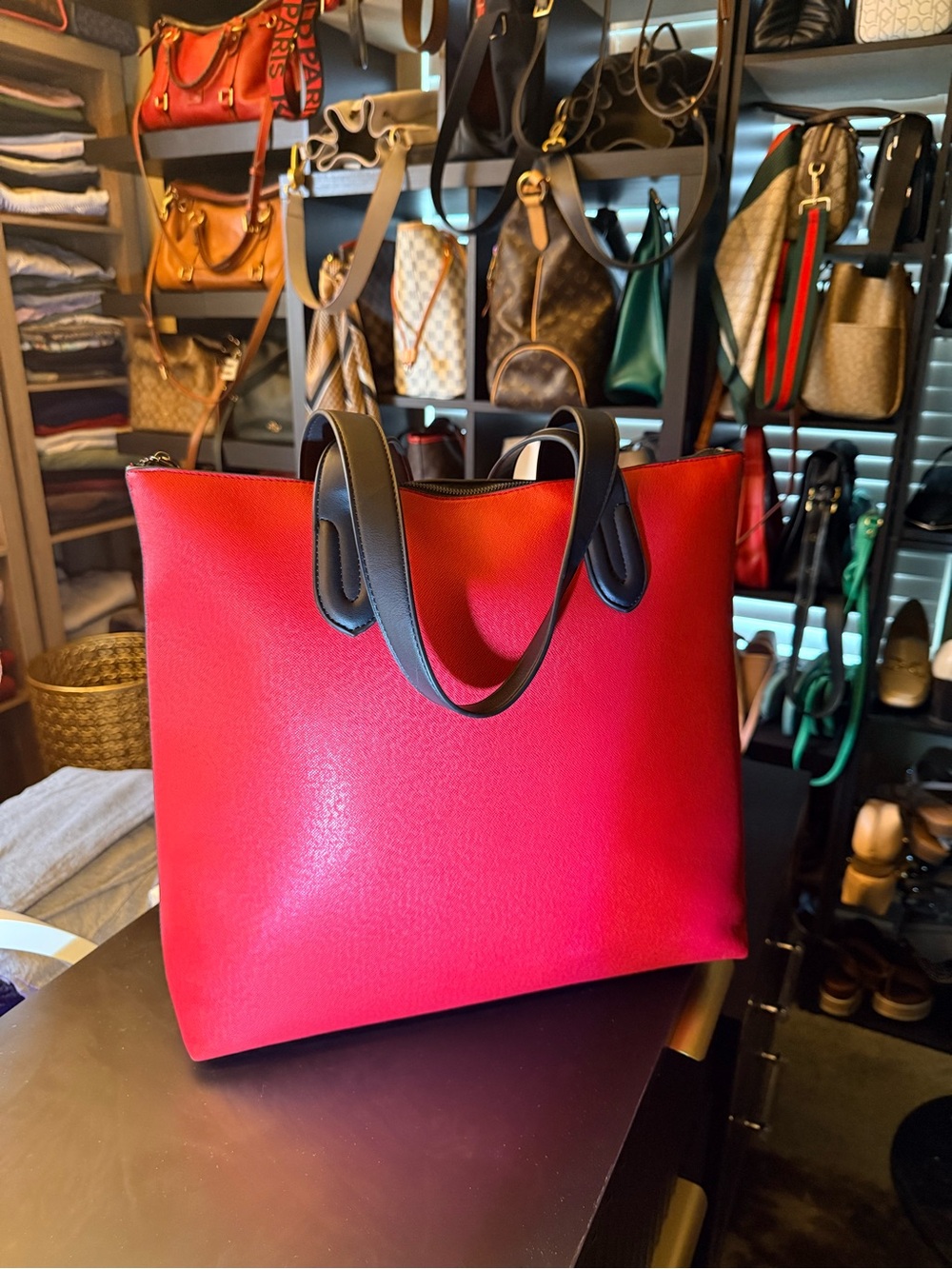 Red Leather Tote Bag with Black Handles